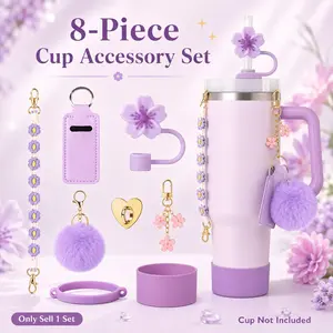 8-Piece Stanley Cup Accessory Set: Handle Strap for 30/40 oz Stanley Tumblers, Including Straw Cover, Silicone Boot, and Keychain, Silicone Straw Topper