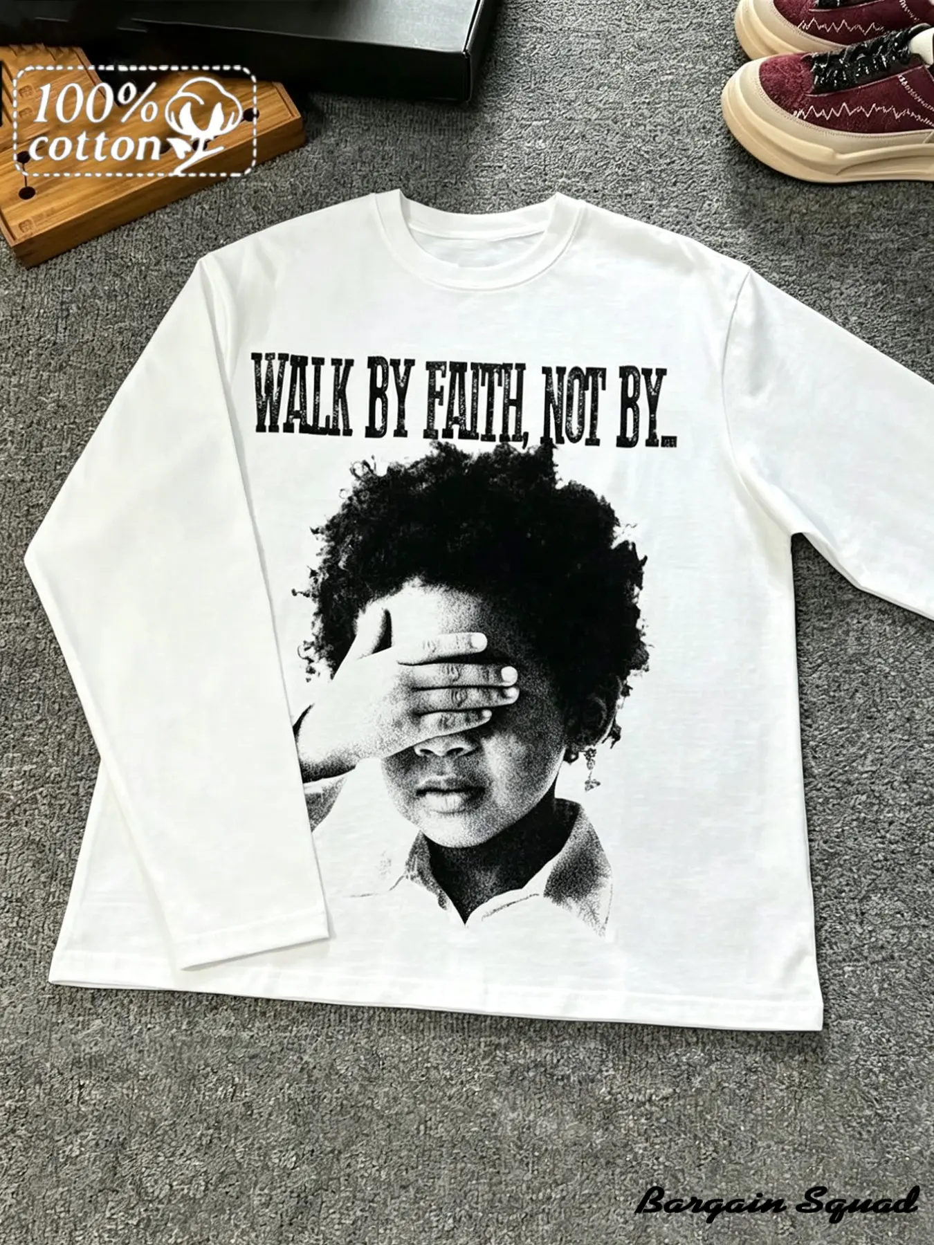Men's 100% Cotton Round Neck Long Sleeve T-Shirt, Portrait & 'walk by Faith' Print, Loose Oversized Retro Casual Streetwear Top, Fashion T Shirts