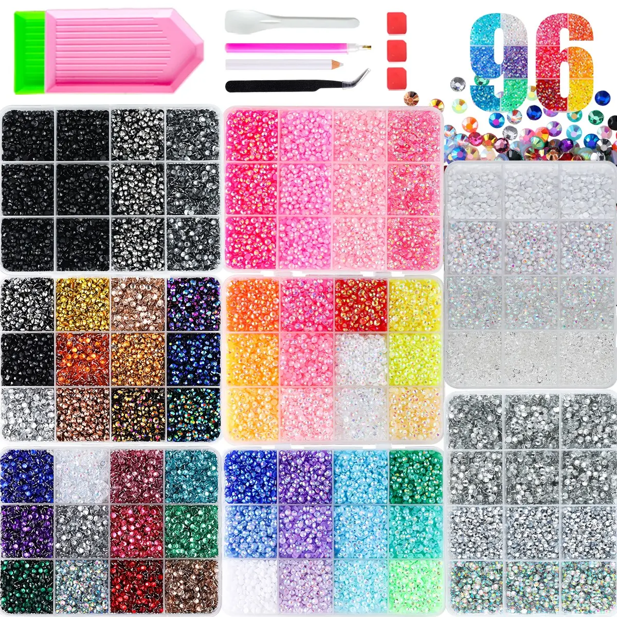96 Grid 68000+ Shiny Resin Jelly Rhinestones, Multi-Specs, Colors, Tools Included, 96 Colors Assorted Rhinestone Full Set, Flatback Crystal Gems with Tools for Manicure & Handmade DIY Crafts，DIY Crafts, Clothing, Shoes, Fabric, Nail Art Decor