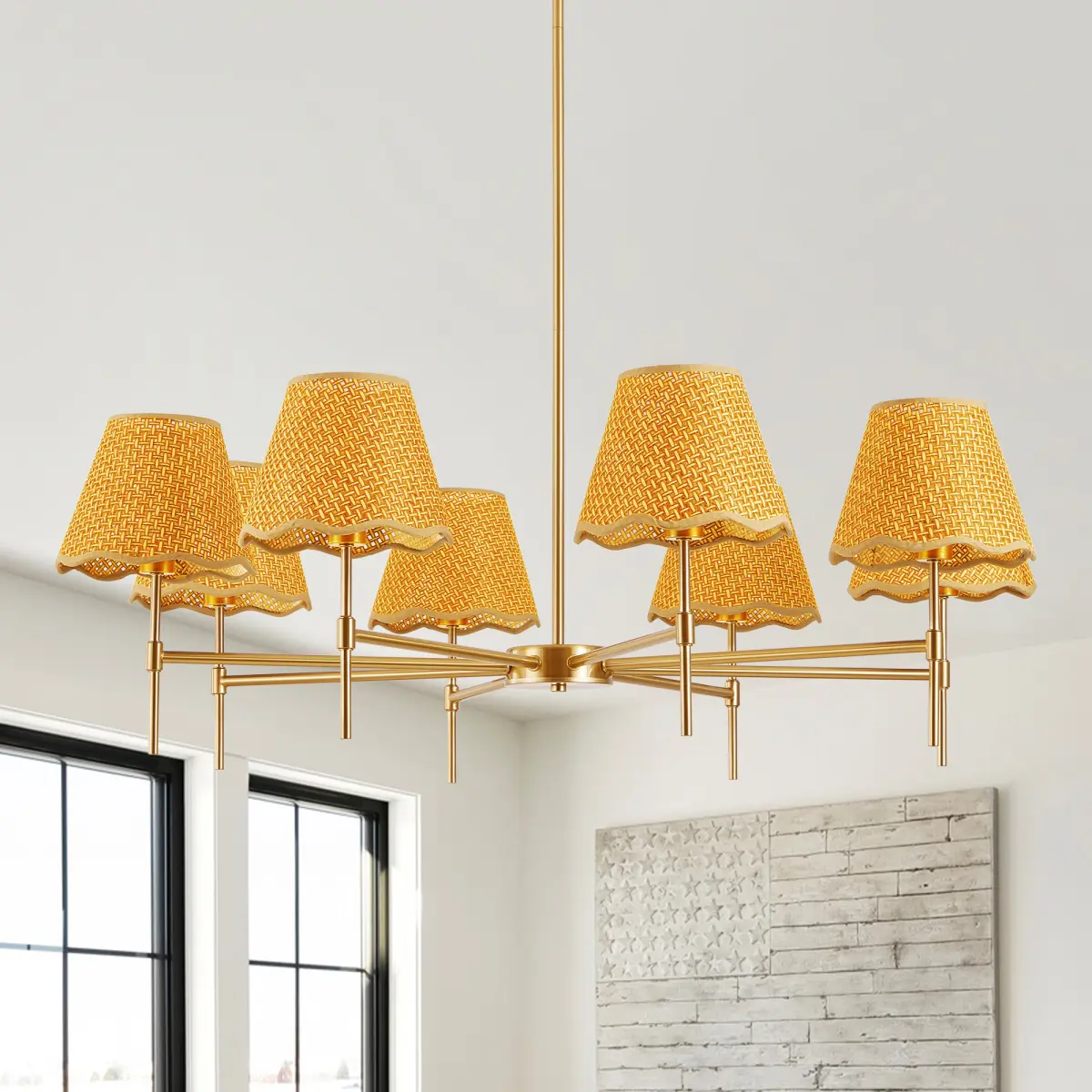 Gold Farmhouse Chandelier 8-Light Boho Pendant Lamp 38.6 in Large Rustic Rattan Chandelier Light Fixture with Height Adjustable Hanging Pole for Dining Room, Living Room, Bedroom, E12 Base