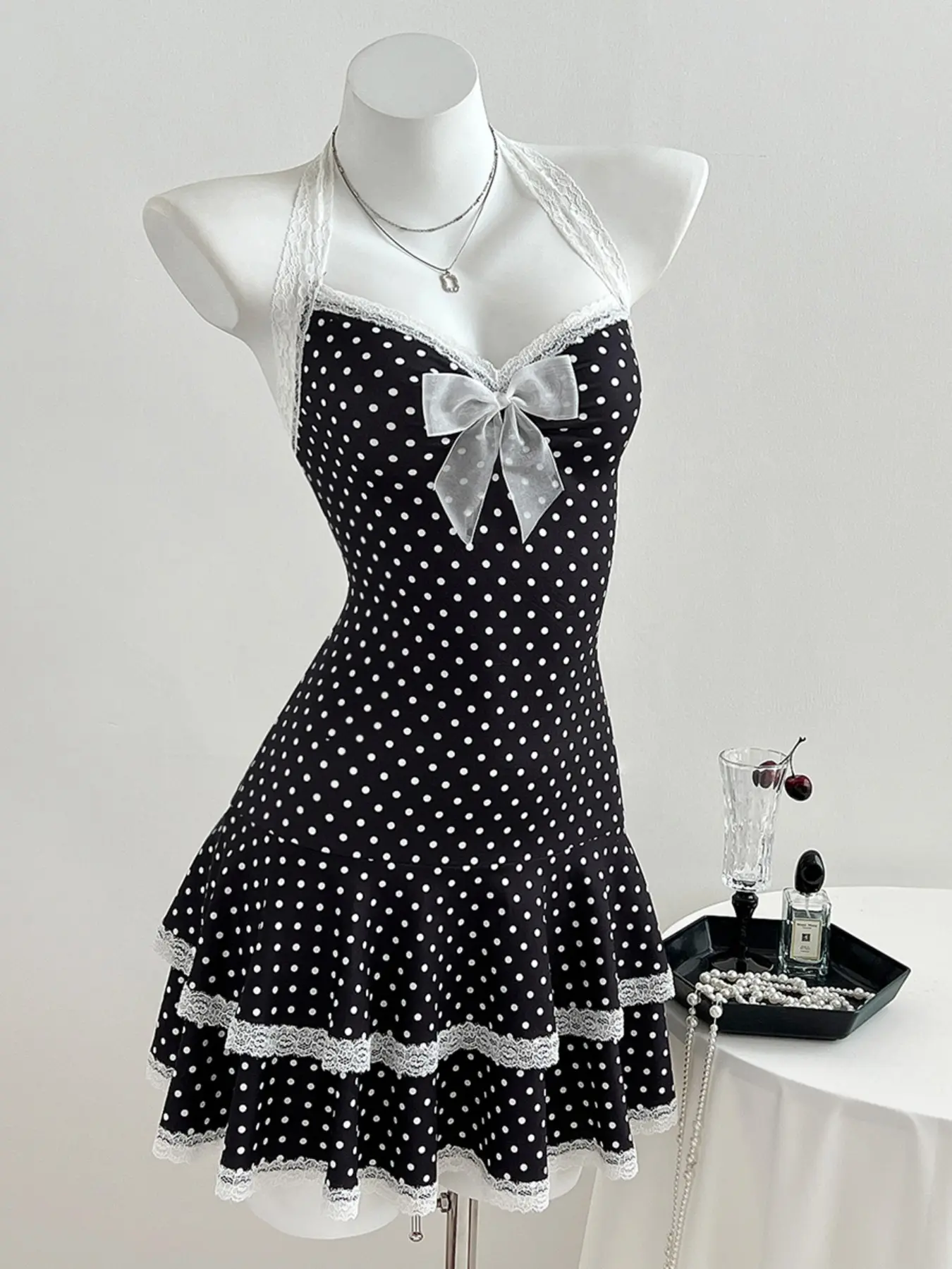 Elegant Cute Girl Style Summer Dress, Polka Dot Lace Patchwork Bow Party Dress Halter Top Sundress, Women's Fashionable Midi Dress, Classy Dresses