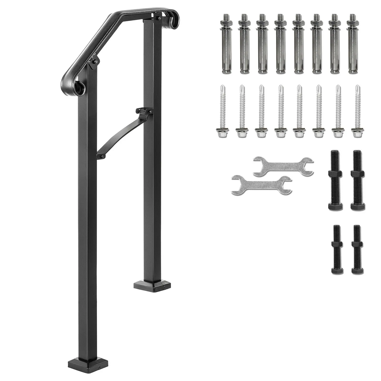 Handrails for Outdoor Steps, Fit 1 or 2 Steps Outdoor Stair Railing, Arch#1 Wrought Iron Handrail, Flexible Porch Railing, Black Transitional Handrails for Concrete Steps or Wooden Stairs