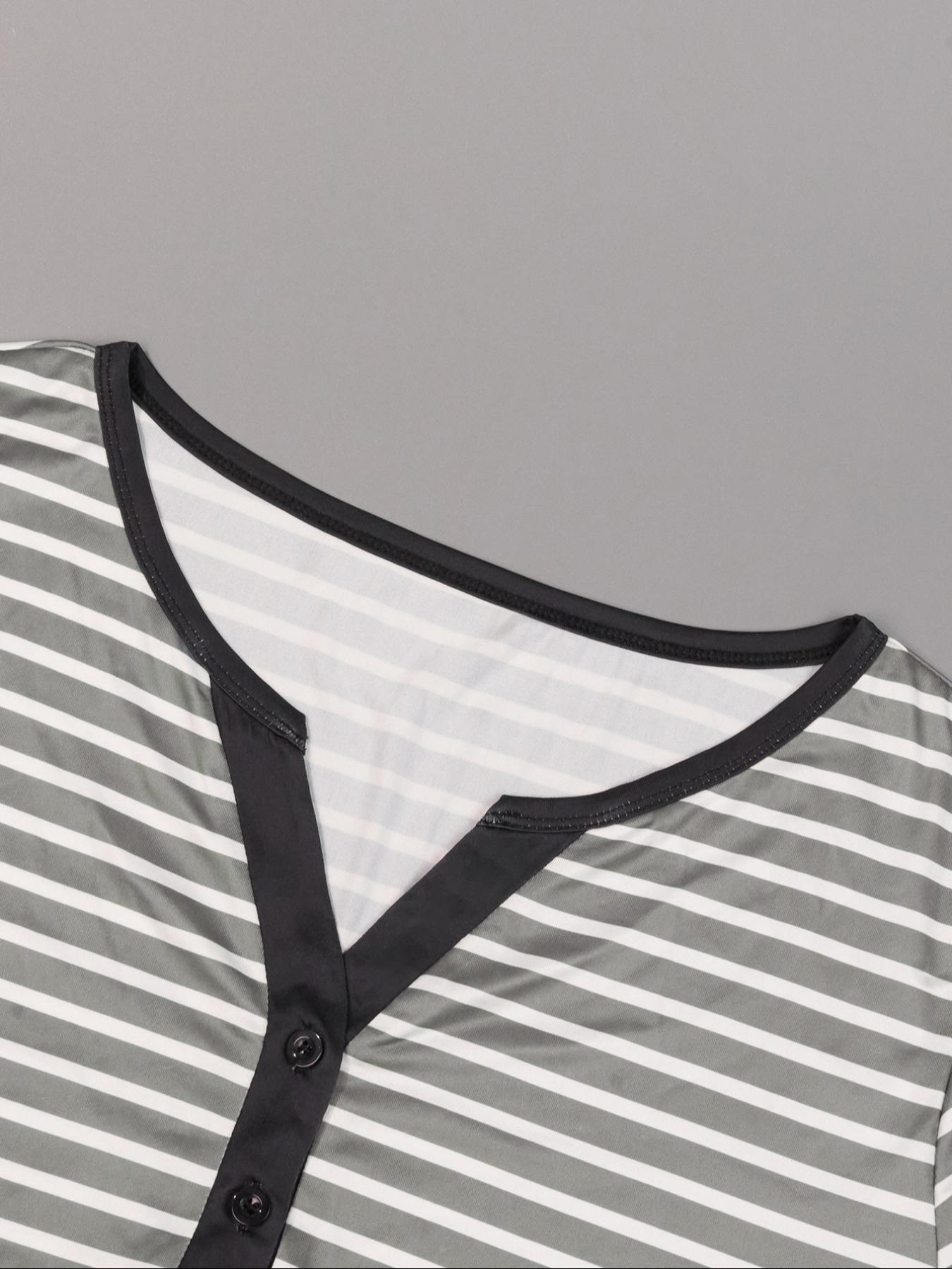 Plus Size Striped Print Contrast Binding Nightdress, Casual Button Front  Notched Neck Sleep Dress for Women, Women's Sleepwear for Spring & Fall