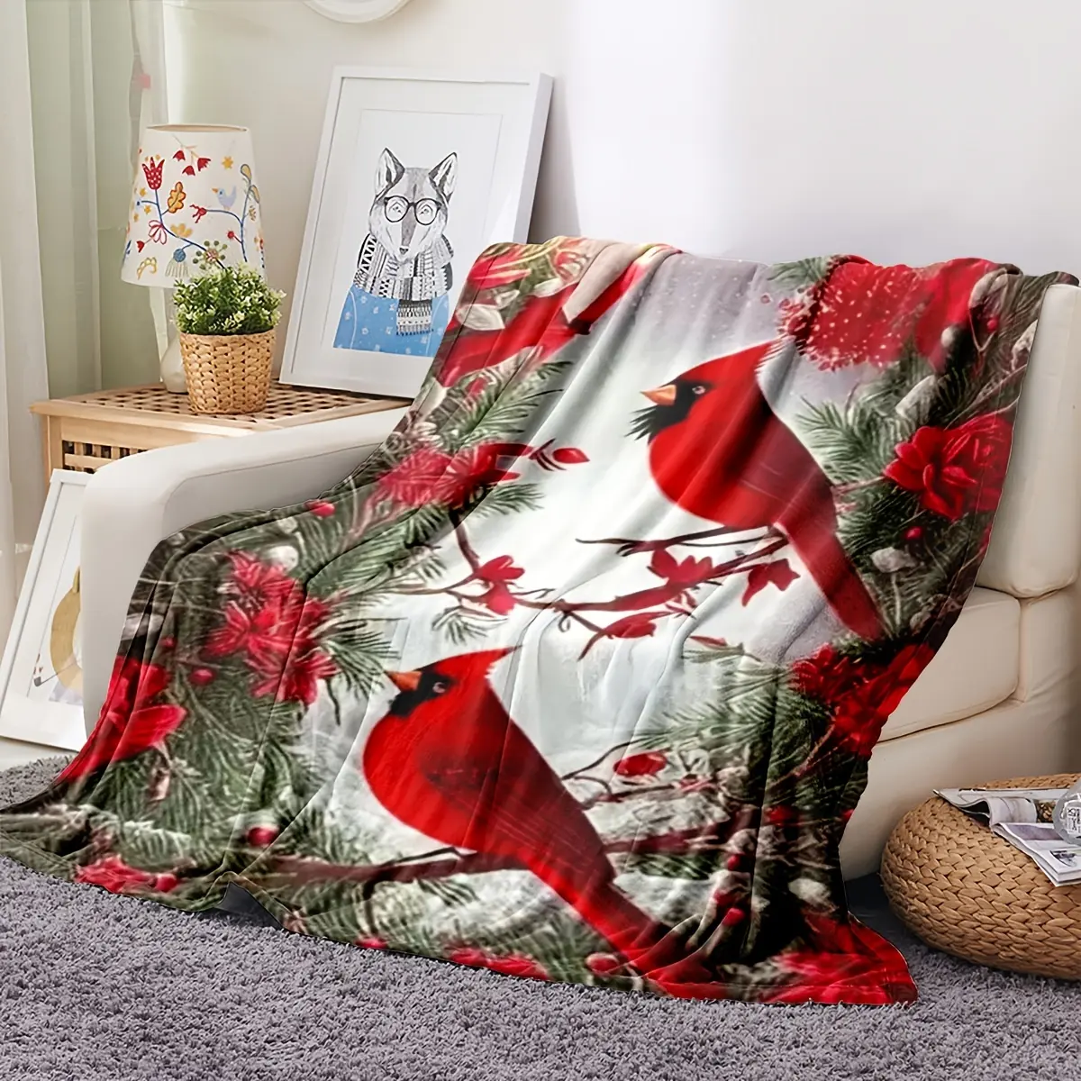 Cute red bird fleece blanket for office throw, nap blanket, leg cover, blanket for dormitory, warm plush blanket for winter nap, all-season air conditioning quilt