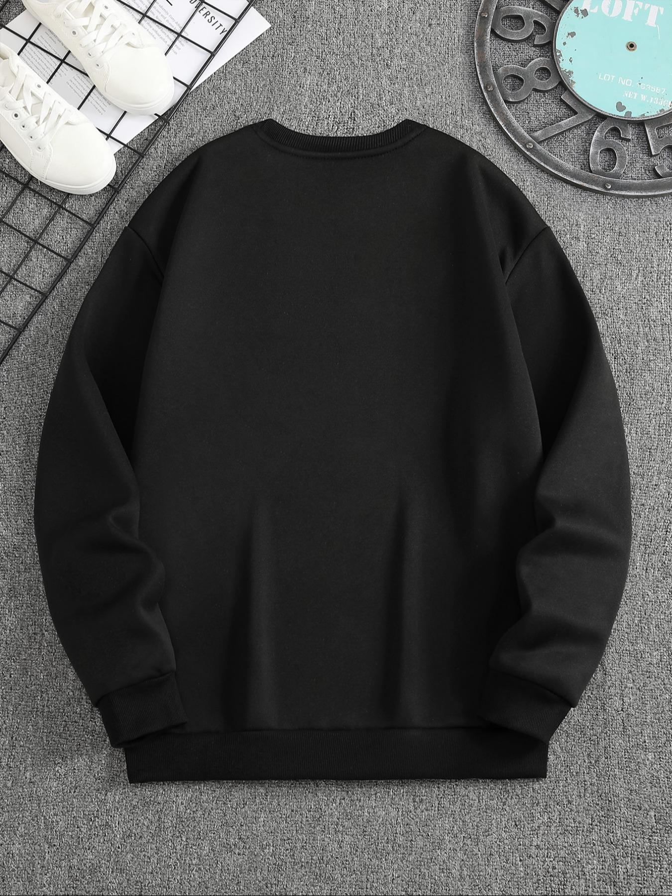 Men's Cat Print Drop Shoulder Thermal Lined Cute Cozy Sweatshirt, Regular Fit Casual Long Sleeve Round Neck Pullover for Fall & Winter, Fashion Men's Top for Daily Wear, Graphic Sweatshirts