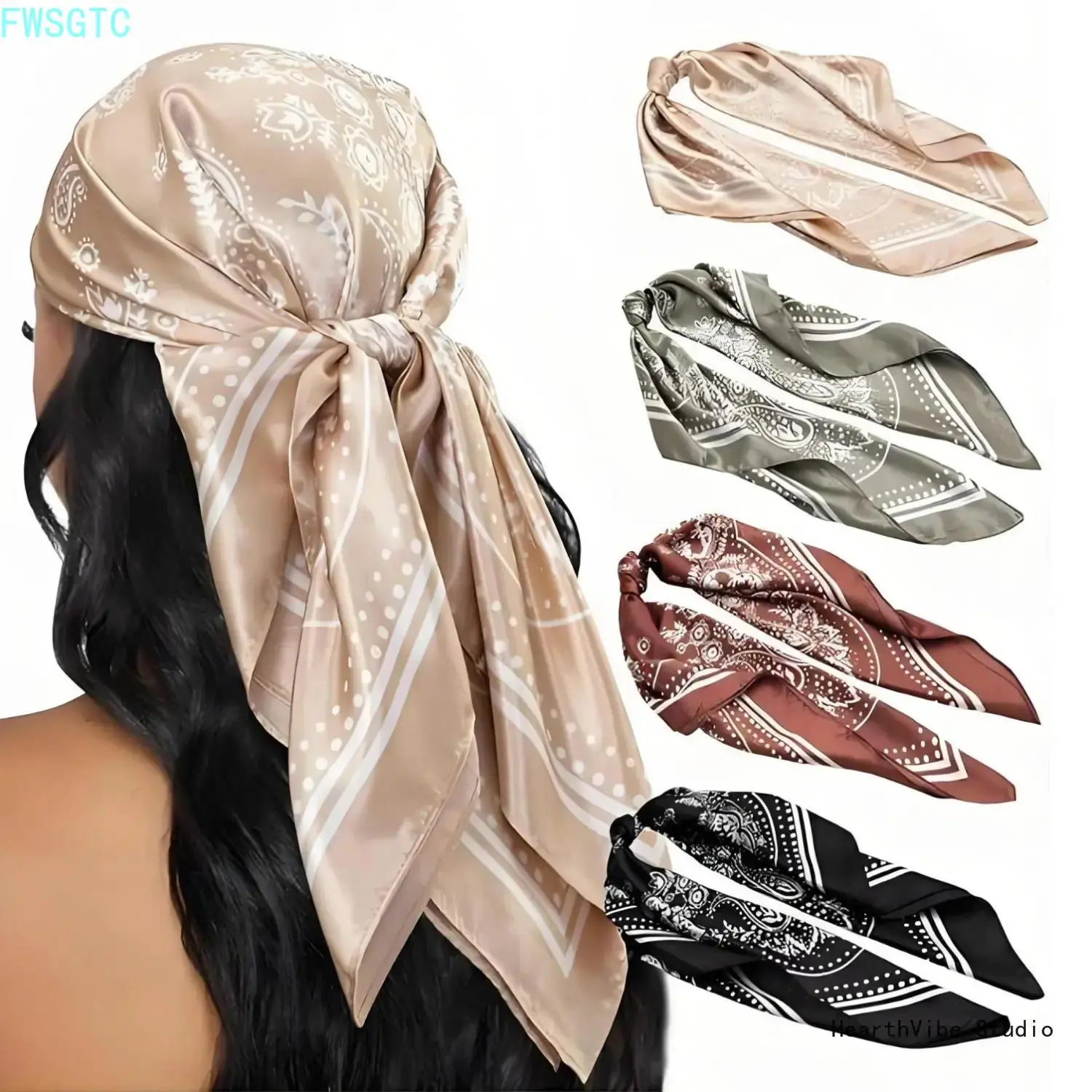 Womens Silk Like Satin Headscarf 4 Pack Set, 35 Inch Boho Floral Printed Shawls, Adjustable Multi Use Turban Wrap For Hair Styling And Neck Decoration Daily Summer Outfit Matching