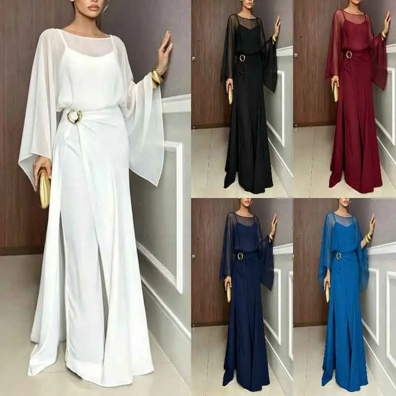 2026 Ocean Style New European Elegant Commuter Two Piece Set Women Solid Long Jumpsuit & Loose Irregular Hem Chiffon Long Kimono Outfit