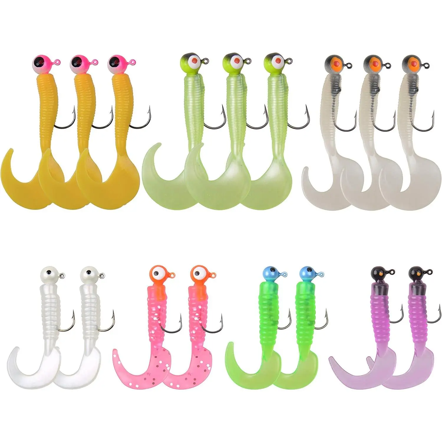Grub Lures Fishing Jigs  Hooks Kit- Crappie Jigs Soft Plastic Grub Tail Worm Lure  Buster Tubes Baits for Bass Trout Saltwater Freshwater Fishing