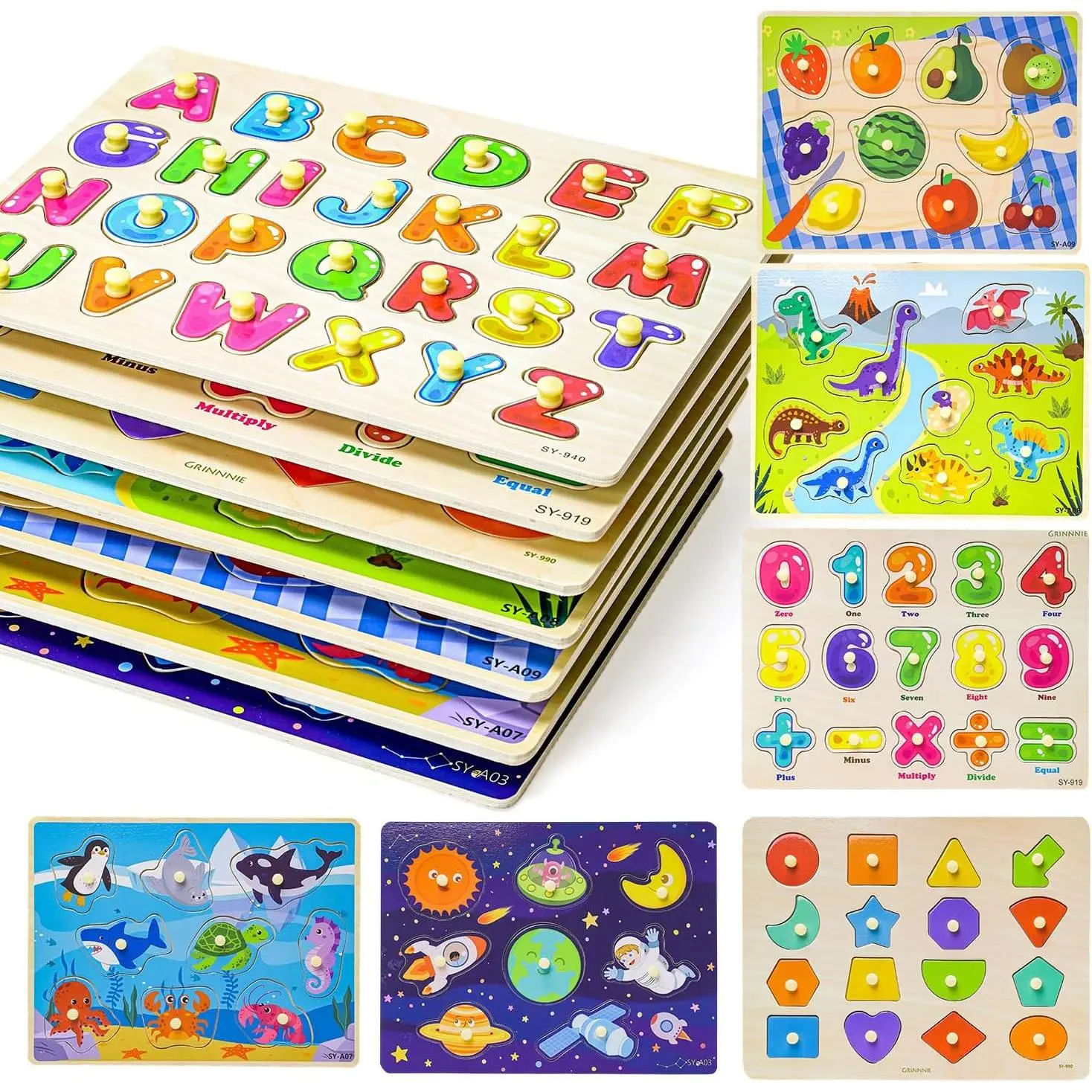 Toddler Puzzle for 2 3 4 Years Old, 7PCS Montessori Kids Wooden Peg Puzzle Set (Dino Animal Shape Number Fruit..), Preschool Learning Puzzles Toy Gift for Boys Girls Birthdayfidget toys