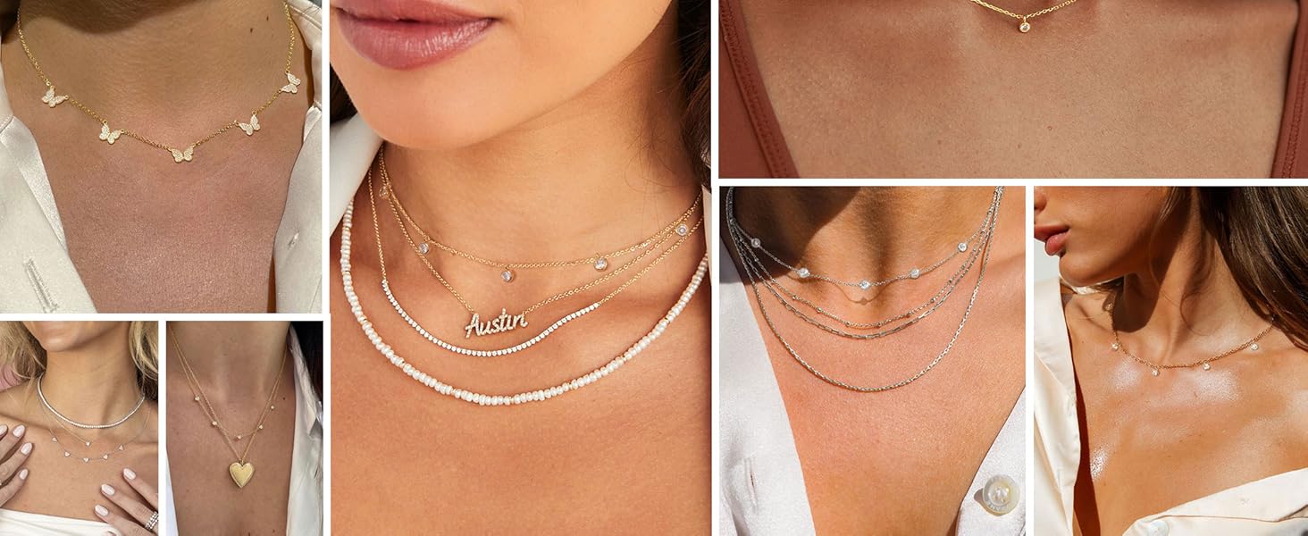 Dainty Silver Gold Necklaces for Women Trendy Non Tarnish 14K Gold Plated Cubic Zirconia Necklace Layered Cute Butterfly Heart Station Choker Necklace Stack for Wedding Prom Brides Jewelry