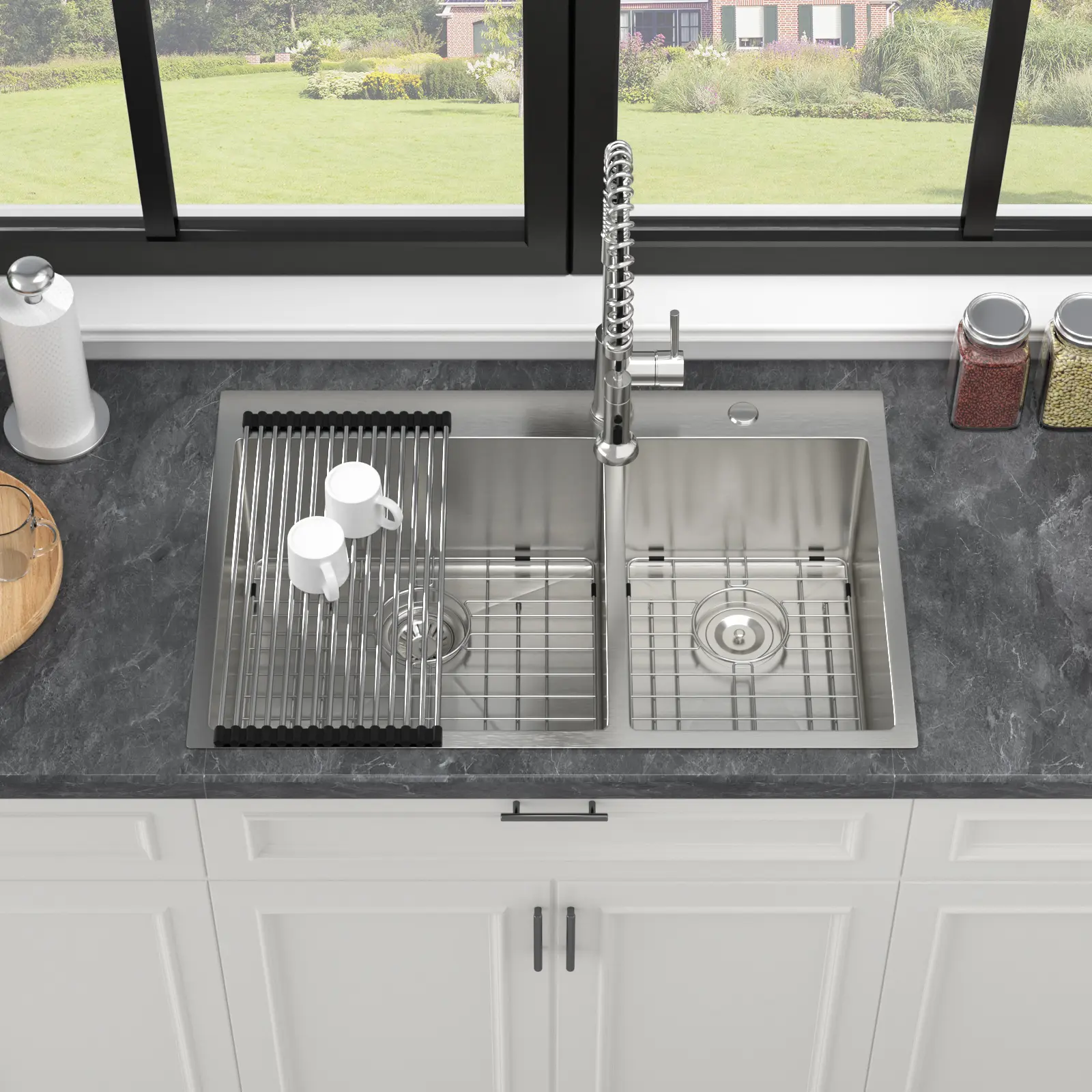 ARCH 33x22x10 in 16 Gauge T304 Stainless Steel 60/40 Split Drop-In Double Bowl Kitchen Sink, Brushed Nickel, Deep Basins, Drain Grooves, Soundproofing Coating, Includes Grids, Strainers, Drying Rack, Installation Kits