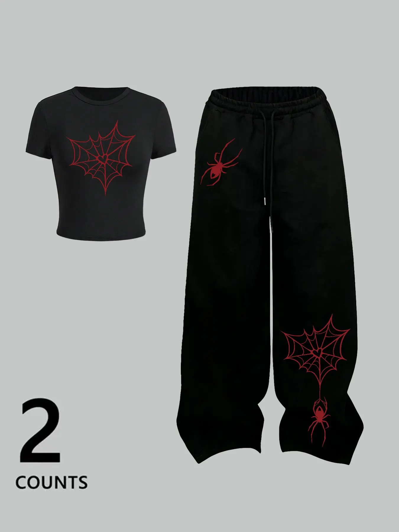 Women's Casual Fitted Round Neck Short Sleeve T-Shirt + Loose Straight Leg Pants Set, Fashion Spider Print, Comfortable Leisure Wear Clothing Set