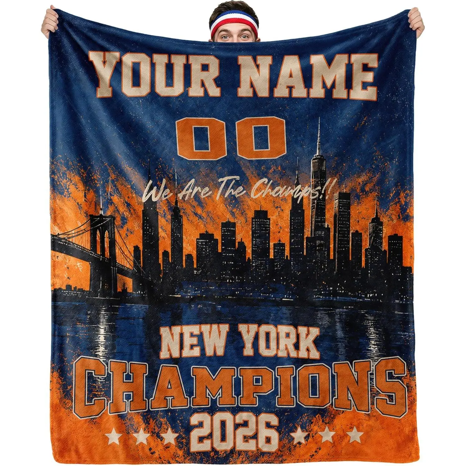 New York City Aesthetic Custom Flannel Throw Blanket, Navy & Orange Street Art Style Basketball Fan Blanket with Skyline & Brooklyn Bridge Design, Personalized Name & Jersey Number, Soft Cozy Warm Blanket for Couch, Bed & Sports Gift for Fans