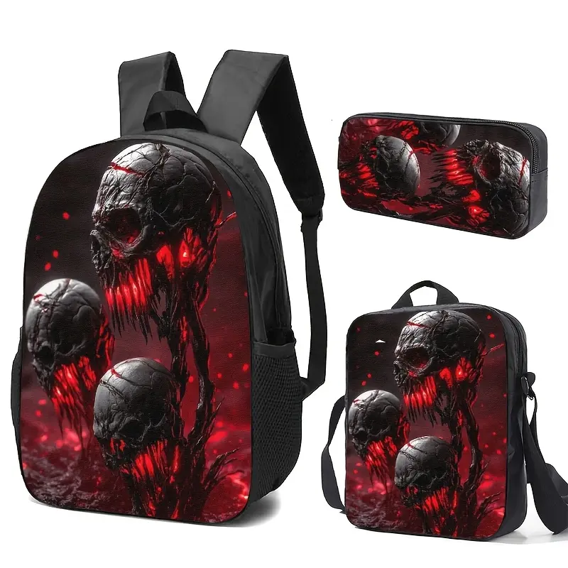 Unisex 10-11 Years Gothic Skull 3-Piece Multi-Function School Travel Set Pack - Retro Chic Athletic Backpack with Lunch Box, Pencil Case, Zipper, Built-In Organizer, Padded Straps, Spacious Crossbody Bag, Hand Wash Only