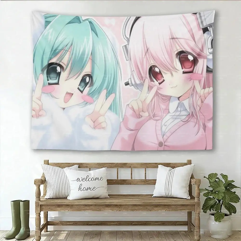 Anime Character Tapestry - Super Sonico & Green-Haired Girl Design, Kawaii Chibi Photo Backdrop, Hanging Clips Included, Otakus' Bedroom & Party Wall Hanging Home Decor