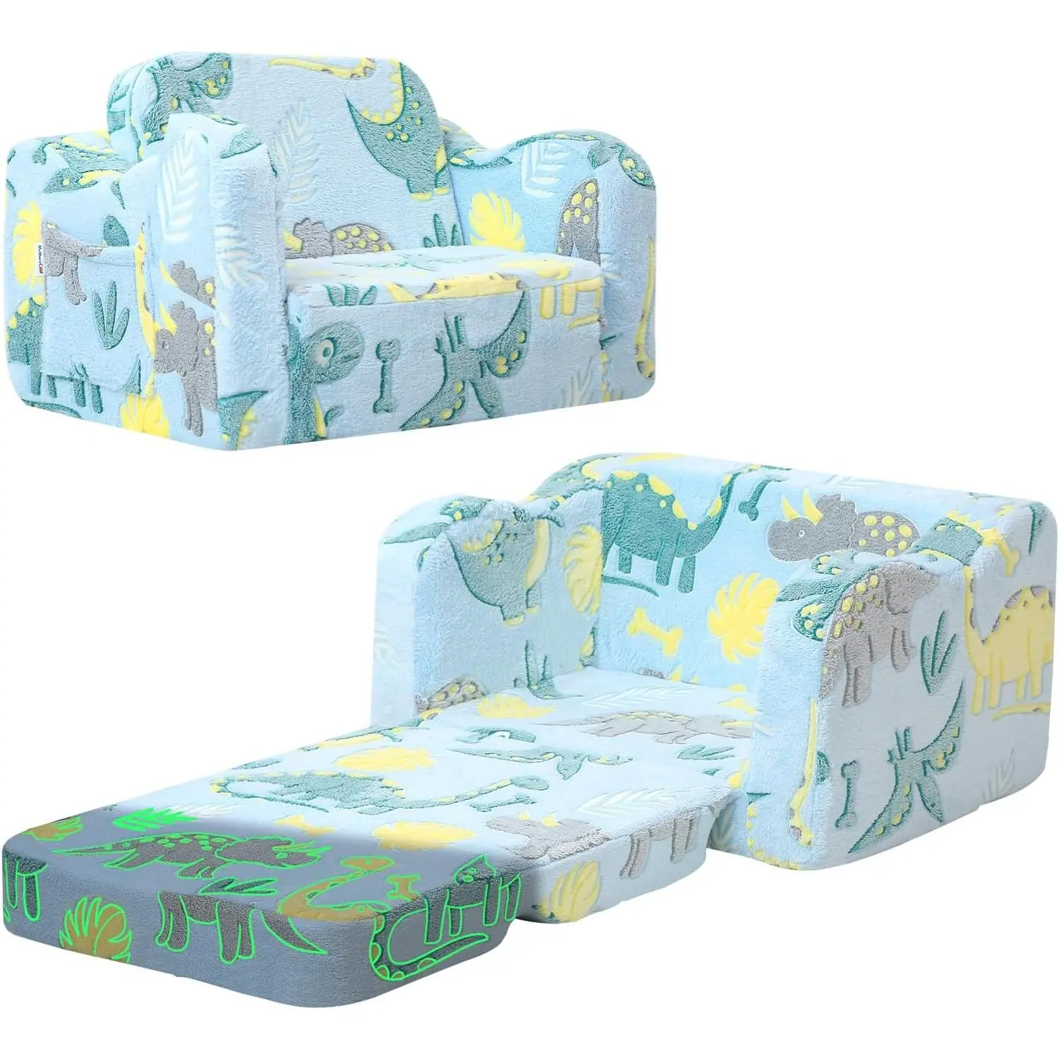 Glowing Dinosaur Kids Chair - 2-in-1 Convertible Single Child Sofa, Compact Fold-Out Seat Lounger with Soft Foam, Kids Theme Washable Cover, Sky Blue for Ages 1-3 Boys (Reading, Relaxing)