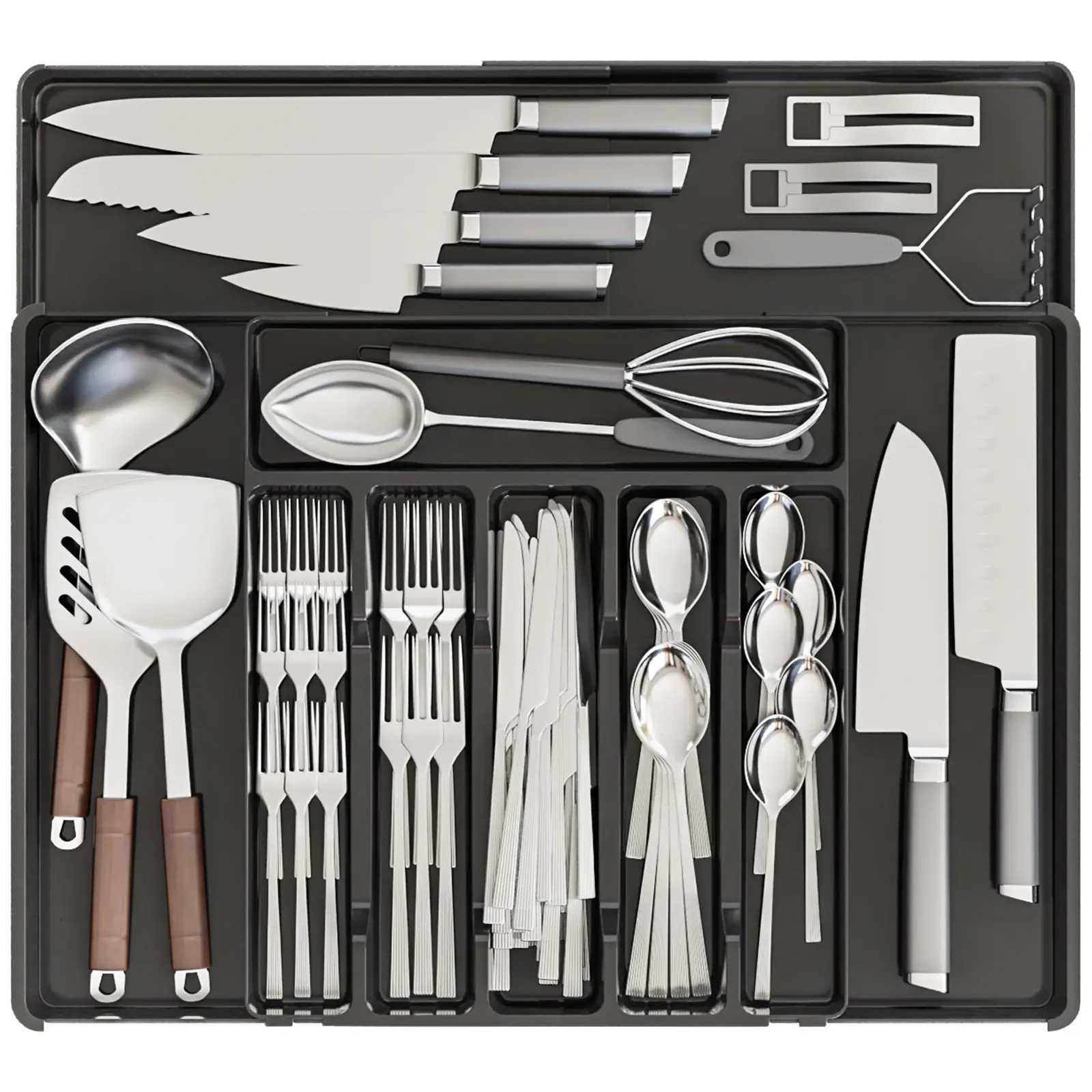 Large Expandable Plastic Silverware Drawer Organizer - Composite Cabinet Storage Tray with Multiple Slots, Removable Dividers, Adjustable Holders for Spoons, Forks, Knives, Small Kitchen Gadgets, Cutlery