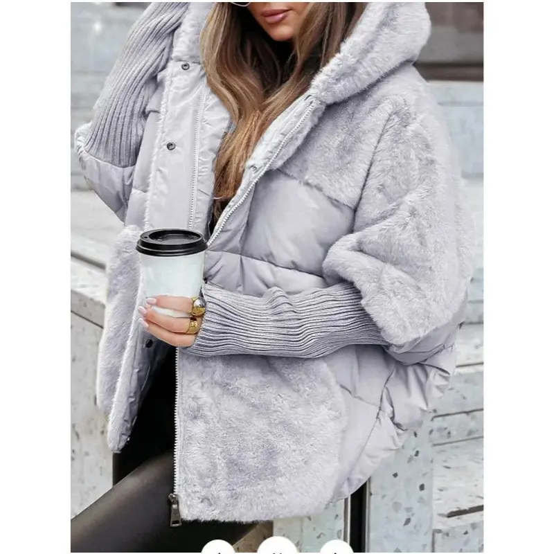 Patchwork Quilted Puffer Jacket for Women Loose Warm Winter Coat with Pockets and Zip Front
