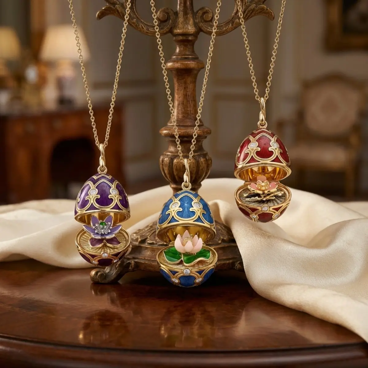 Female Fabergé Style Women's Enamel Egg Locket Necklace - Dainty Pendant, 40cm + 5cm Adjustable Chain, Secret Opening Lotus Motif, Hidden Flower, Hand-Applied Enamel Detailing, Ideal for Daily Wear & Gifting