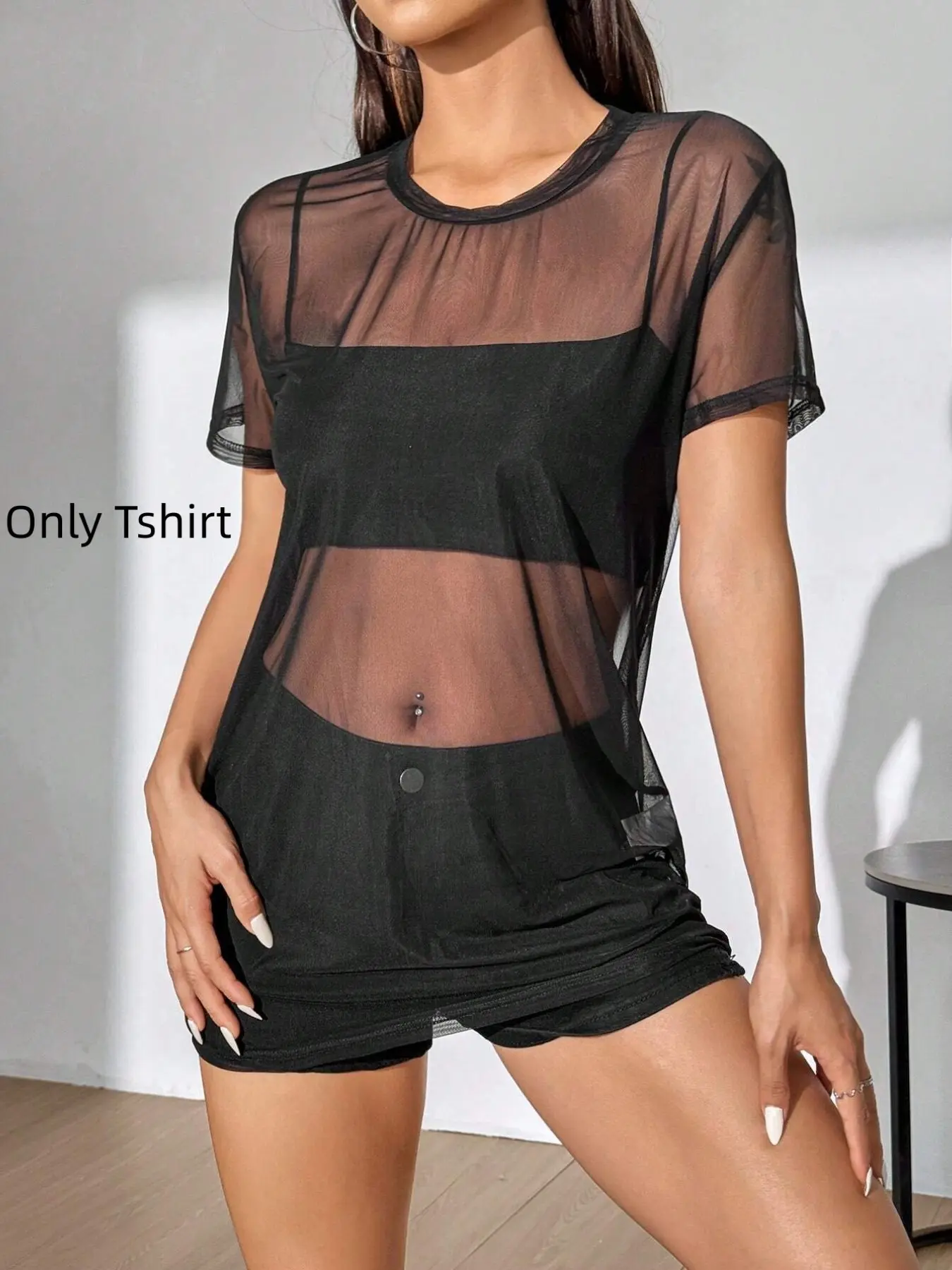Women's Mesh Sheer Crewneck Tee, Basic Minimalist Casual Short Sleeve Round Neck Top for Summer, Ladies Clothes for Daily Wear, Casual Breathable Top, Crewneck T Shirts, Casual Everyday Top, Casual Tops
