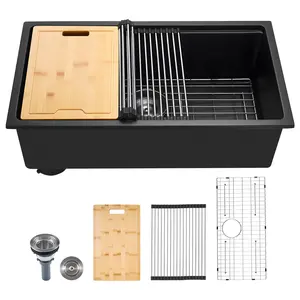 VEVOR 30 inch Kitchen Sink Workstation, Undermount Granite Sink, Drop-In Single Bowl Farmhouse Basin with Multiple Accessories, Household Dishwasher Sinks for RV, Prep Kitchen, and Bar (Black)