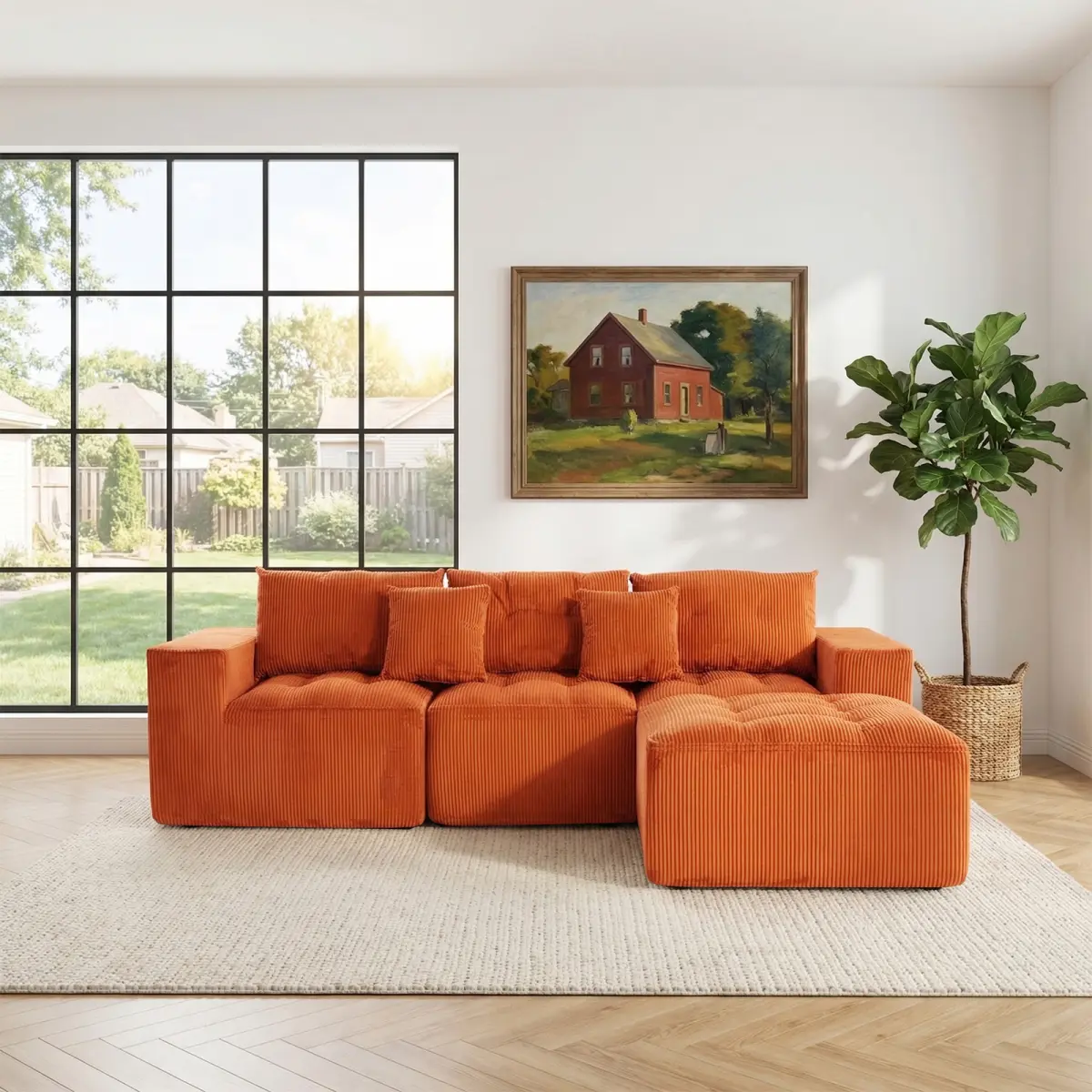 Aobtkel 101" L-Shaped Modular Compression Couch, 3-Seater Corduroy Cloud Sofa with Movable Footrest, Free DIY Combination for Living Room, Bedroom (Orange)