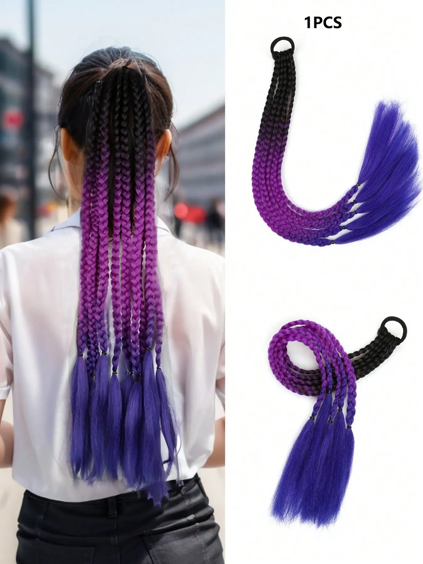 Black and Purple Gradient 1-Pack Multi-Strand Braided Ponytail Hair Extension, 24-Inch Synthetic Hair Extensions Braided Ponytail Hair for Women & Kids. Trendy Boxer Braids for Daily Wear, Y2K, Parties, Carnivals, and Children's Day.