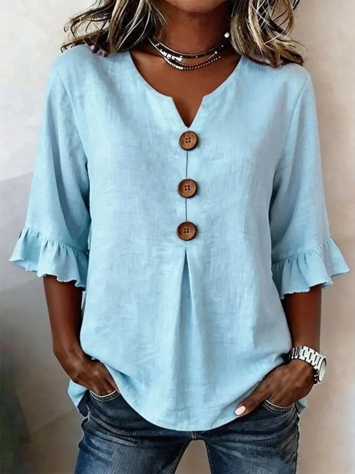 Women's V-Neck Button Front Blouse, Ruffle Sleeve Design, Loose Fit Conceals Belly, Casual Daily Wear, Versatile Mid-Sleeve Top