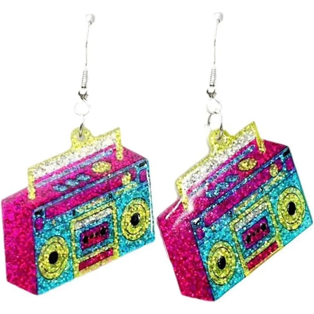 Retro Cassette Tape Dangle Earrings, 80s Style Synthetic Women's Fashion Jewelry with a Colorful Neon Glow for Parties
