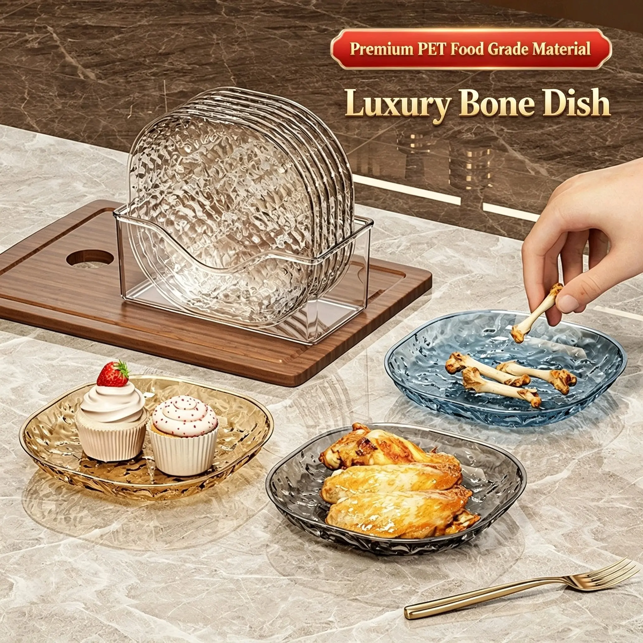 Transparent Ripple Snack Dishes with Storage Rack, Luxury Acrylic Appetizer Plates, Home Table Bone Plate, Afternoon Tea Dessert Serving, Snack Division, Restaurant Desk Organization