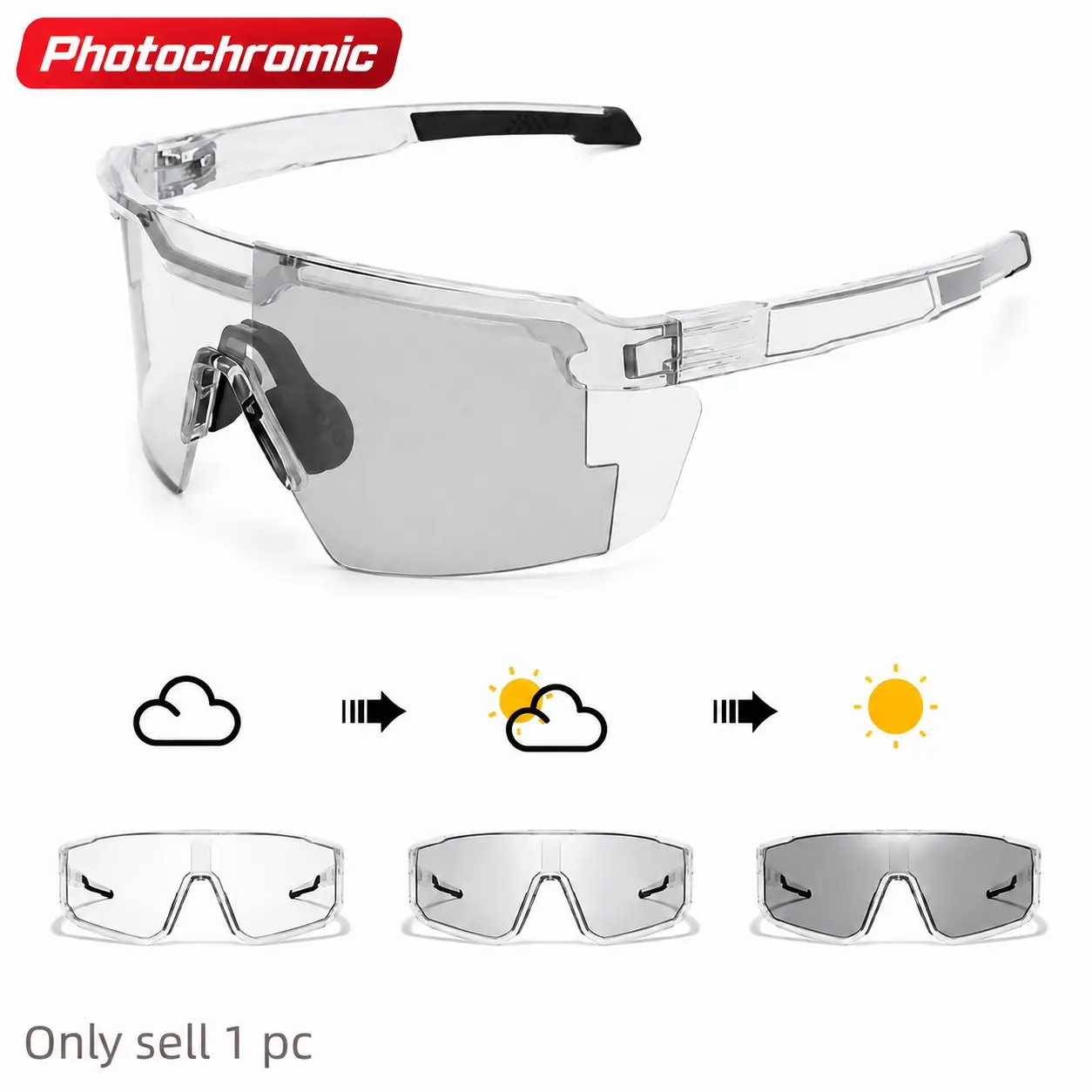 UV400 Photochromic Sports Sunglasses - Lightweight Cycling Eyewear with Wide Vision, Anti-Slip Nose Pads for Running, Hiking, Fishing & Outdoor Use