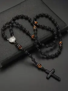 Men's Vintage Black Volcanic Rock and Natural Yellow Tiger's Eye Necklace (1 Piece) – Beaded Necklace with Hematite Cross Pendant; Suitable for Birthdays, Anniversaries, and Valentine's Day; Stylish Beaded Pendant Necklace and Crystal Jewelry for Daily We