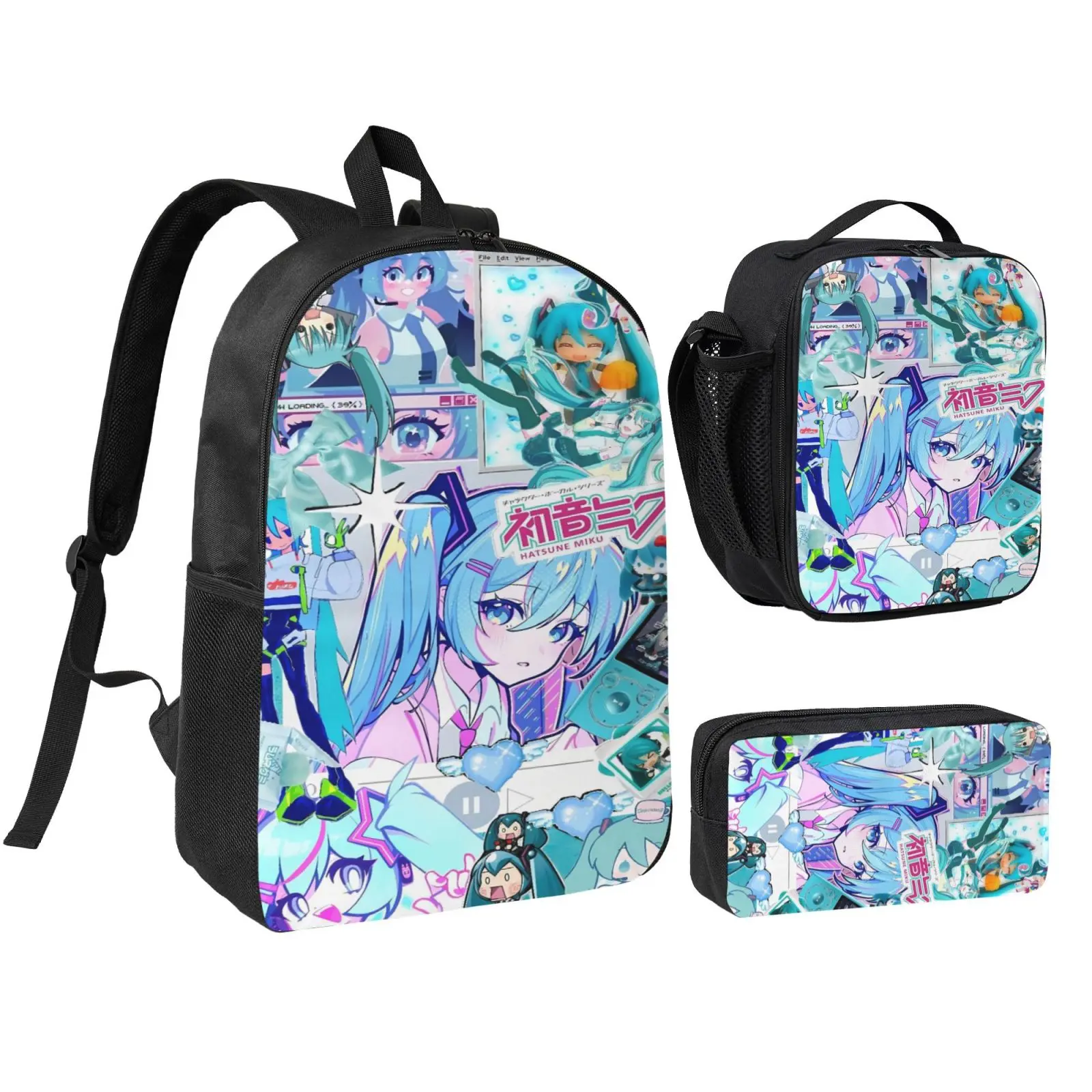 Unisex Miku1 3-Piece Kawaii Anime Art Backpack Set for Teens - Polyester School Bookbag with Lunchbox, Pencil Case, Adjustable Straps, Cute Stylish Daypacks, Christmas Gifts for Office Travel Back to School