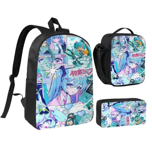 Unisex Miku1 3Pcs Backpack for Teen Girls Boys, School Bookbag with Lunchbox Pecil box, Anime backpack with adjustable straps, office travel bag Bookbag