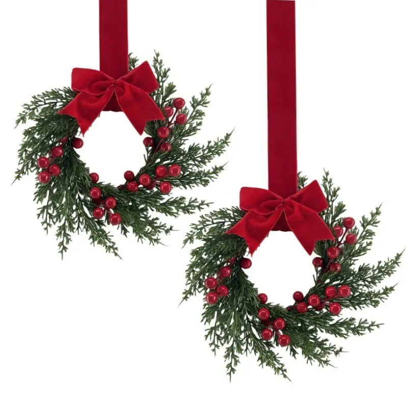 2 Mini Artificial Christmas Wreaths, 10 Inch Winter Pine Wreath with Berries and Velvet Bow, Festive Party Decor for Doorway Wall Window Staircase