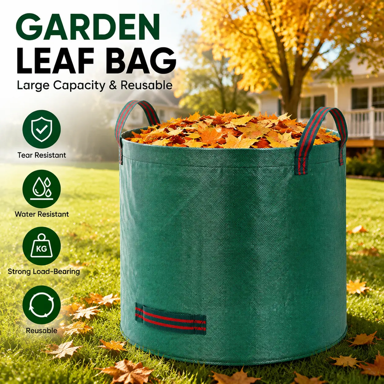 Reusable Large Heavy-Duty Yard Waste Bag - Collapsible Garden Leaf Trash Container with Reinforced Ring, Handles, Stand-Up Grass Clipping Bin - YY1
