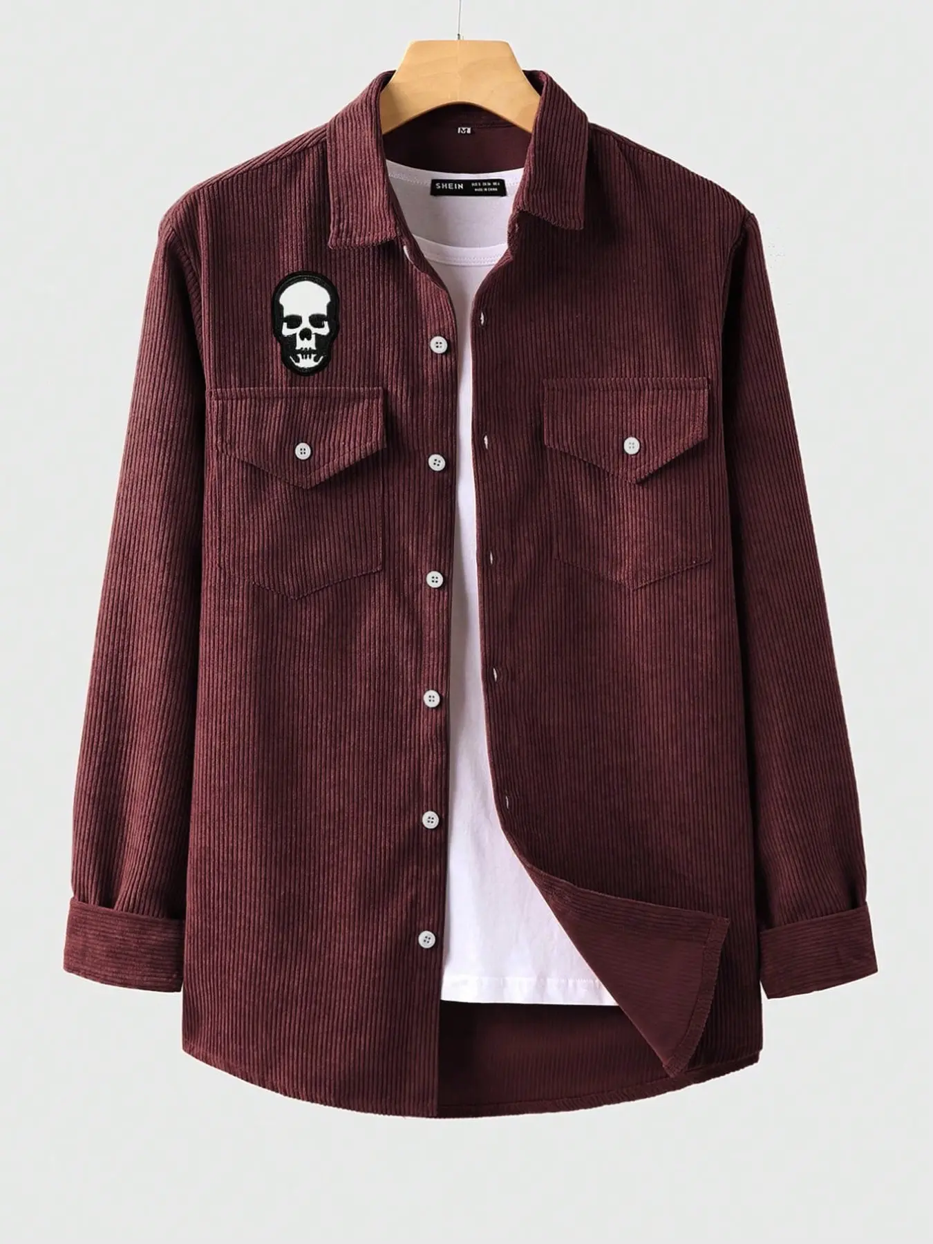 Men's Long Sleeve Button Down Shirt Collared Skull Patch Dual Flap Pockets Streetwear Top