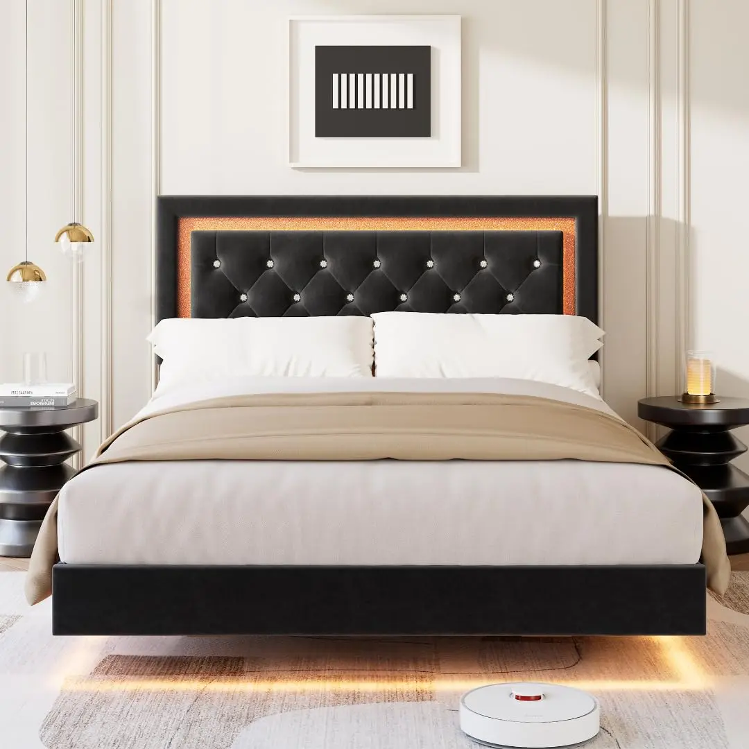 Modern Floating Platform Bed Frame with Diamond Upholstered Headboard, Smart LED Lights, Sturdy Wood Slats, Noise-Free, Easy Assembly - King & Queen Black or White