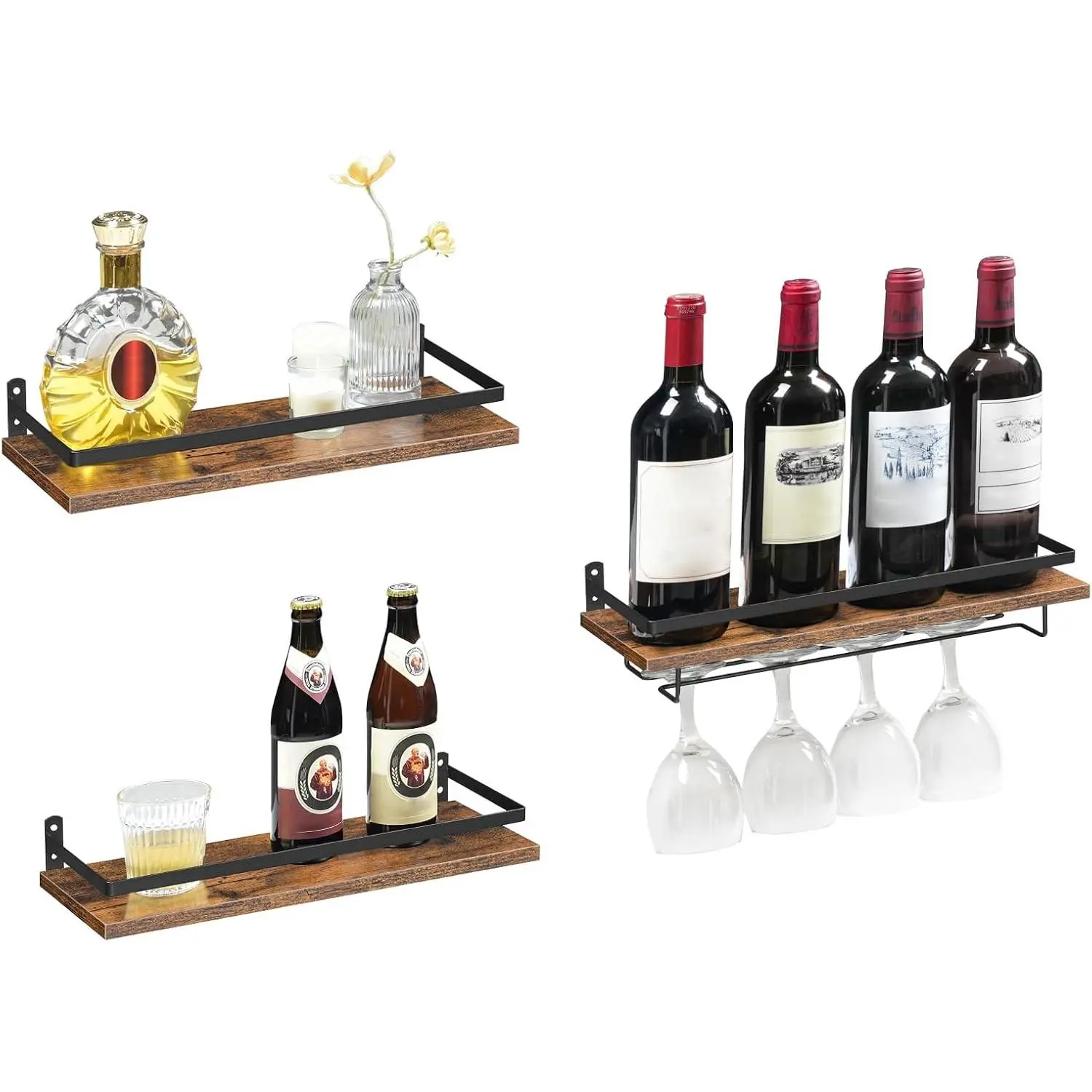 Wall Mounted Wine Rack 3 Pack, Wine Rack with Glass Bottle Holder, Hanging Wine Shelves with Stemware Hanger, Wine Display Storage Rack for Home Bar, Kitchen, Dining Room, Rustic Brown BF34BJ01