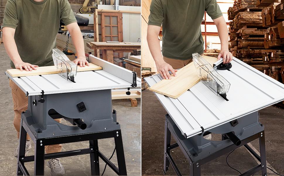 GARVEE 10 Inch 15A Table Saw with 5000RPM Power, Bevel Cutting Capability, and Included Stand for Versatile Woodworking Projects and Precise 90°/0-45° Cuts, Ideal for Professionals and DIY Enthusiasts.