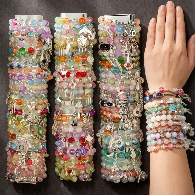 Women's 14Pcs Multicolored Boho Glass Bead Bracelets Set - Handmade Stretch Bracelets with Alloy Pendants, Party-Ready, Prop 65 Safe Fashion Accessories for Summer Beach, Daily Wear