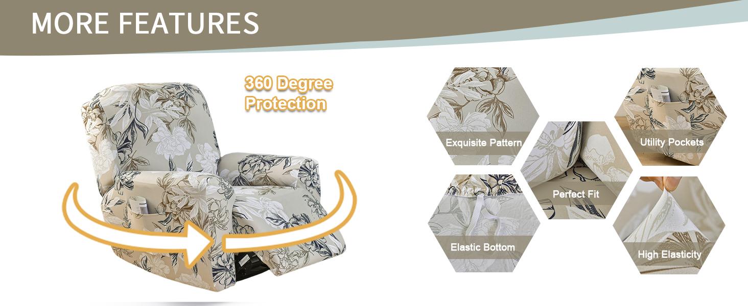 Stretch Recliner Cover 4 Pieces Printed Lazy Boy Chair Covers Floral Patterned Recliner Sofa Slipcover Anti-Slip Fitted Furniture Protector with Elastic Bottom, A3