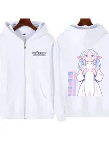 Frieren Anime Print Zipper Jacket, Loose-Fit Shoulder-Down Casual Cardigan, All-Seasons Raised Fiber Surface, Comfortable & Stylish