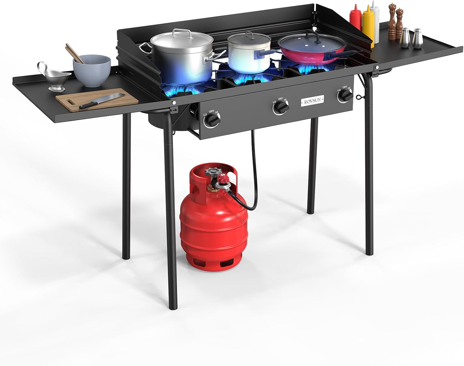 ROVSUN 2/3 Burner Propane Gas Stove with Side Shelf & Carrying Bag, 150,000/225,000BTU Outdoor Burner with Wind Panel & CSA Listed Regulator, Picnic Cooker for Home Patio Cooking Camping Brewing Turkey Frying