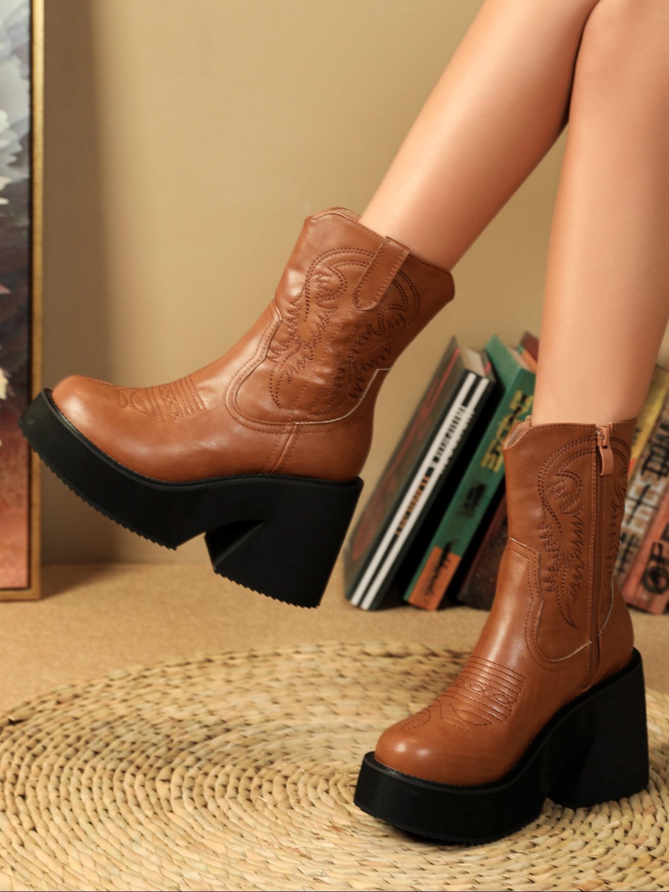 Women's Fashionable Western Embroidered Design PU Leather Boots, Elegant Round Toe Mid-calf Boots, Casual Comfortable Platform Shoes for Daily Wear