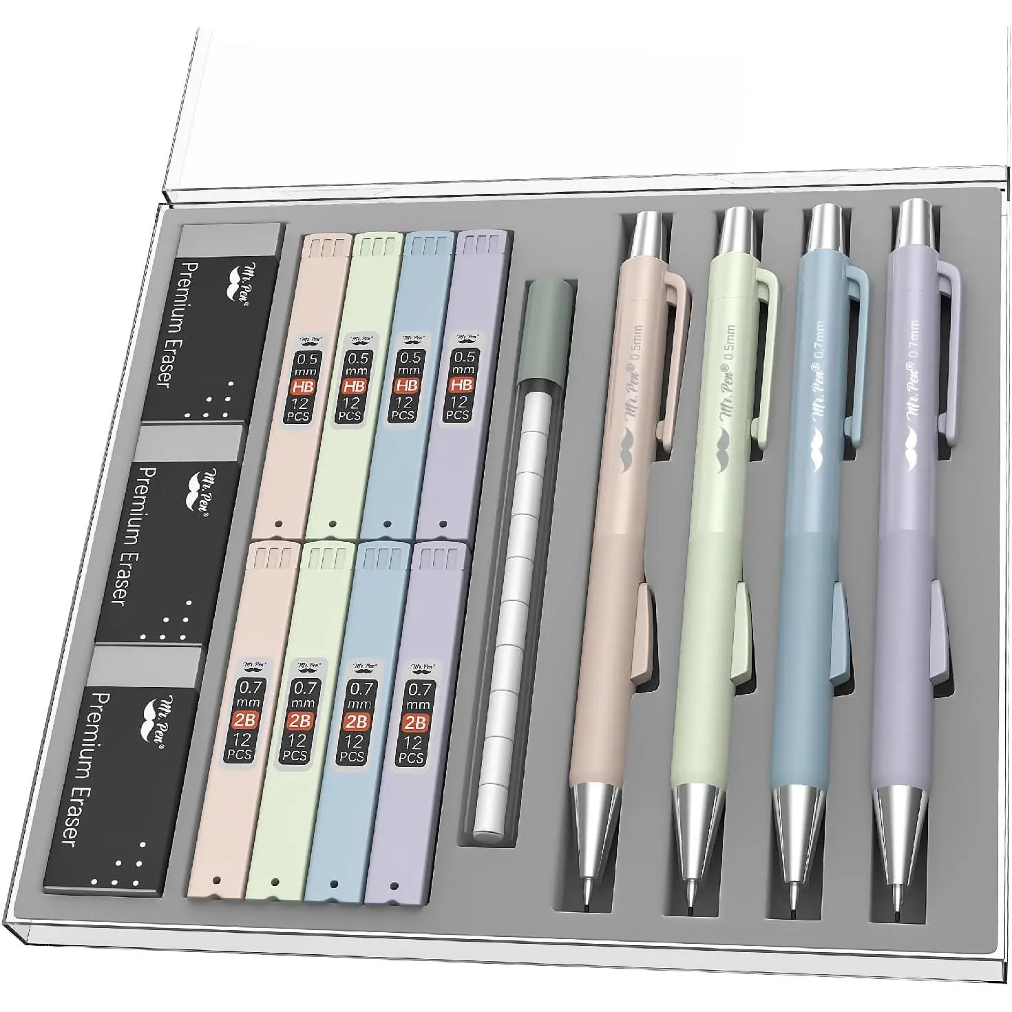 Pastel Mechanical Pencils Set, 4-Pack Lead Mechanical Pencils with 2 Sizes (0.5/0.7mm), Click Mechanism, Retractable Tip, 6 Tubes HB/2B Lead Refills, 3 Erasers for School Supplies, Artists' Drafting/Drawing