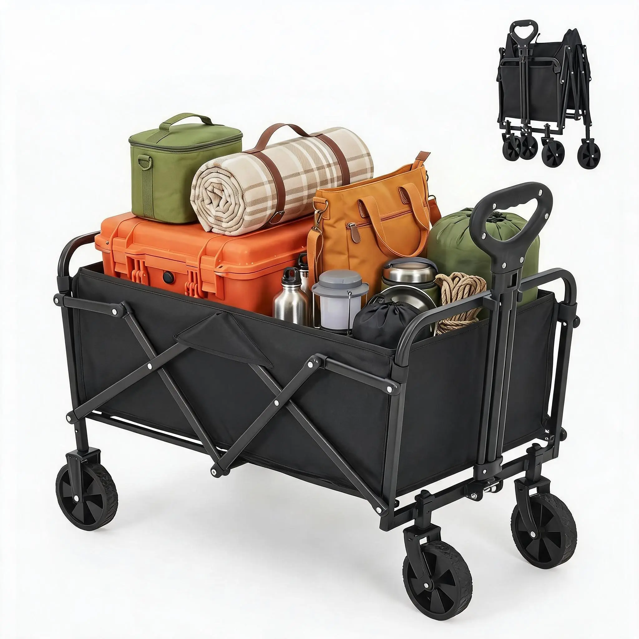 Collapsible Utility Wagon with Canopy, Heavy Duty Folding Garden Cart for Camping Beach Shopping, 220lbs Capacity, All-Terrain Wheels, 600D Oxford Fabric, Cup Holders & Side Pockets, One-Touch Fold, Black