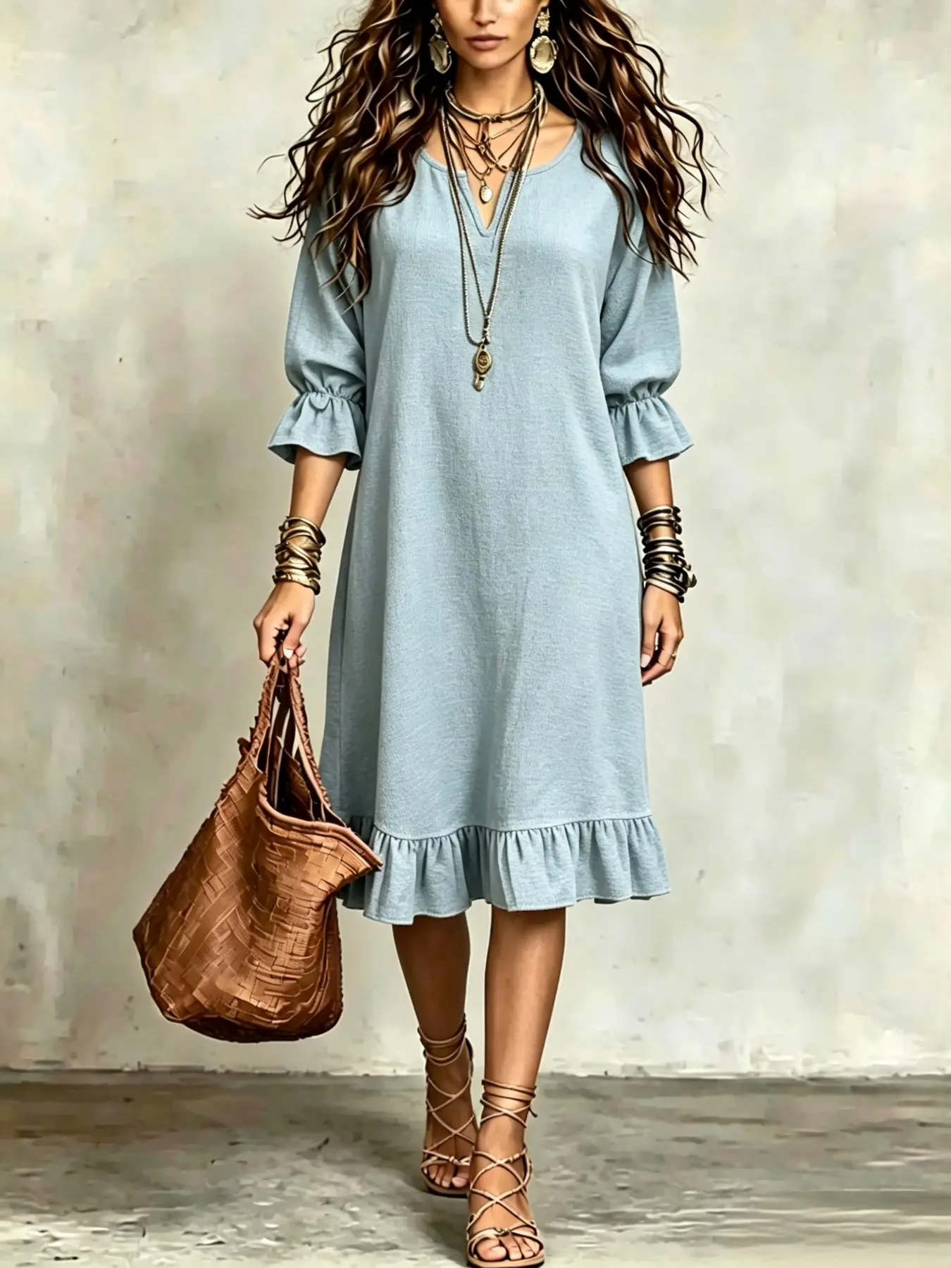 Boho-Style Bohemian Round-Neck Ruffle Three-Quarter-Sleeve Dress, Loose-Fit A-Line Midi Dress, Perfect for Summer Vacation, Chic, Comfortable and Stylish, Boho Style Dresses