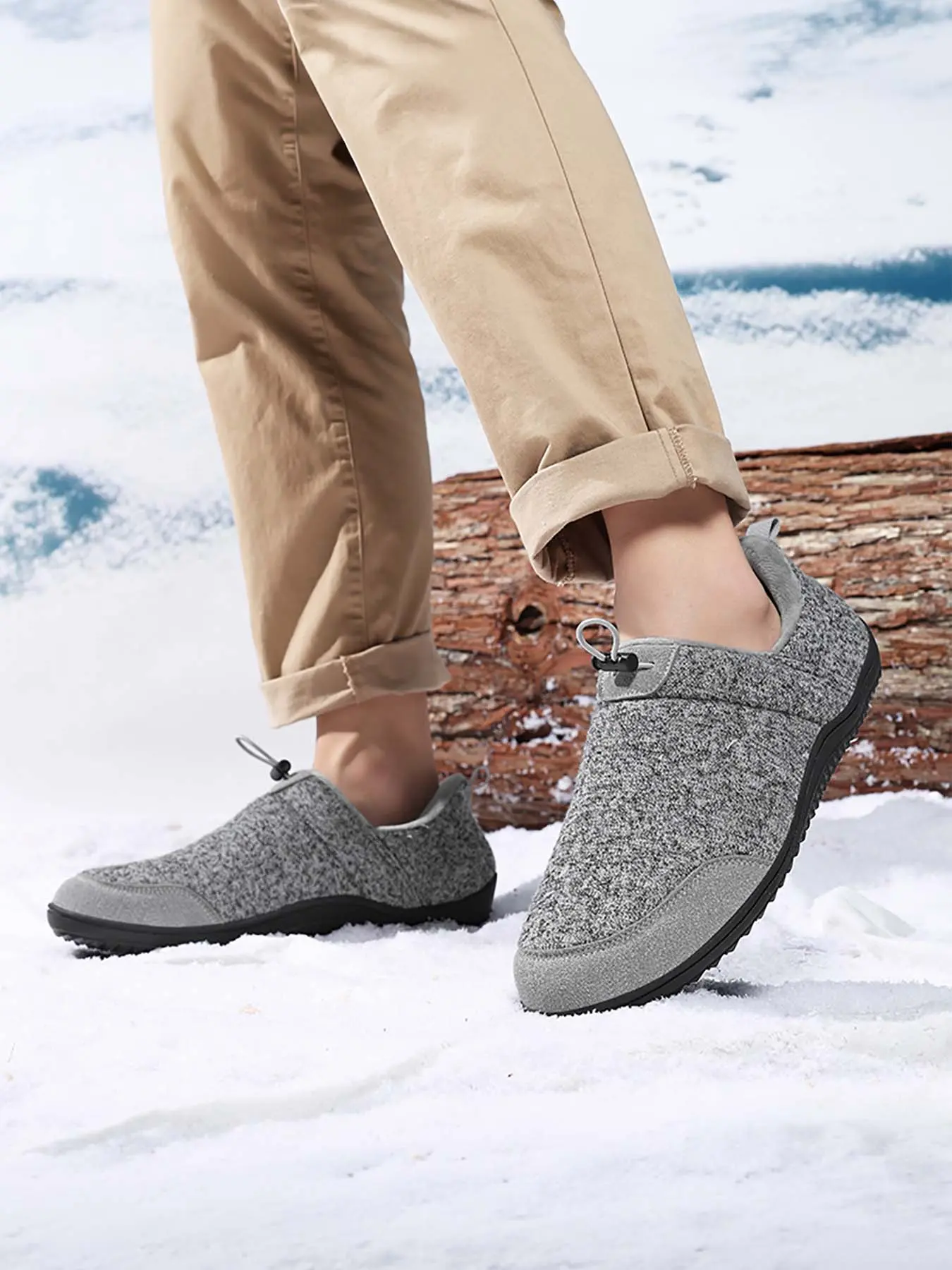 Men's Fleece Lined Slip-On Winter Shoes, Quick Drawstring Lock Loafers, Wide Toe Box Zero Drop Barefoot Footwear, Non-Slip Serrated Rubber Sole, Warm Cold-Resistant Casual Snow Shoes for Indoor & Outdoor Use