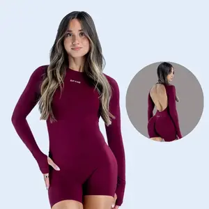 （with logo）DFYNE Womens Seamless Long Sleeve Bodysuit with Thumb Holes, Tummy Control One Piece Workout Unitard Shorts for Yoga & Gym